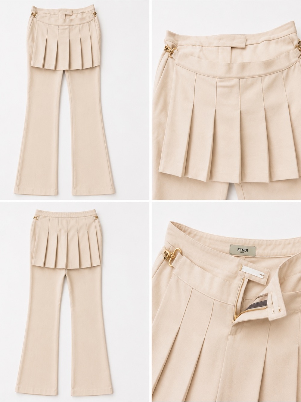 Fendi Beige Pleated Skirt-Overlay Flare Trousers
